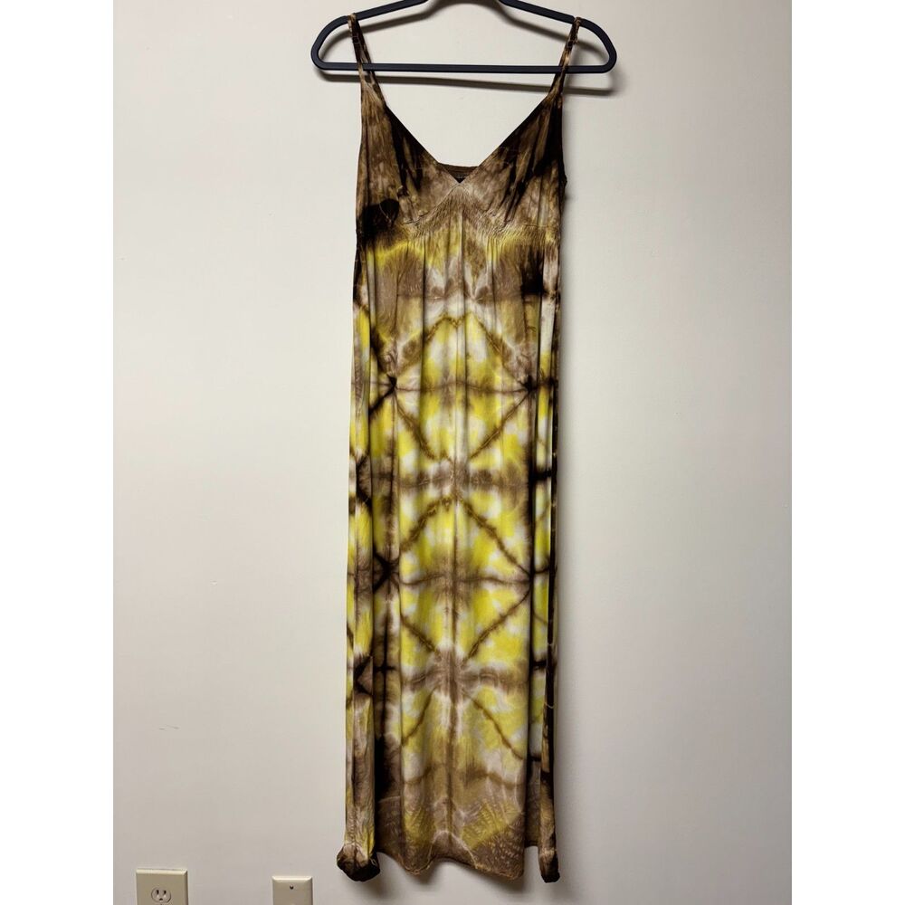 LUCKY BRAND Mustard Yellow/Brown Tie Dye Slip Maxi Dress, Coverup, Sz XS